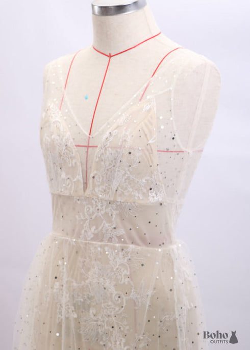 Boho V-neck Sweep Train Tulle Sleeveless Wedding Dress